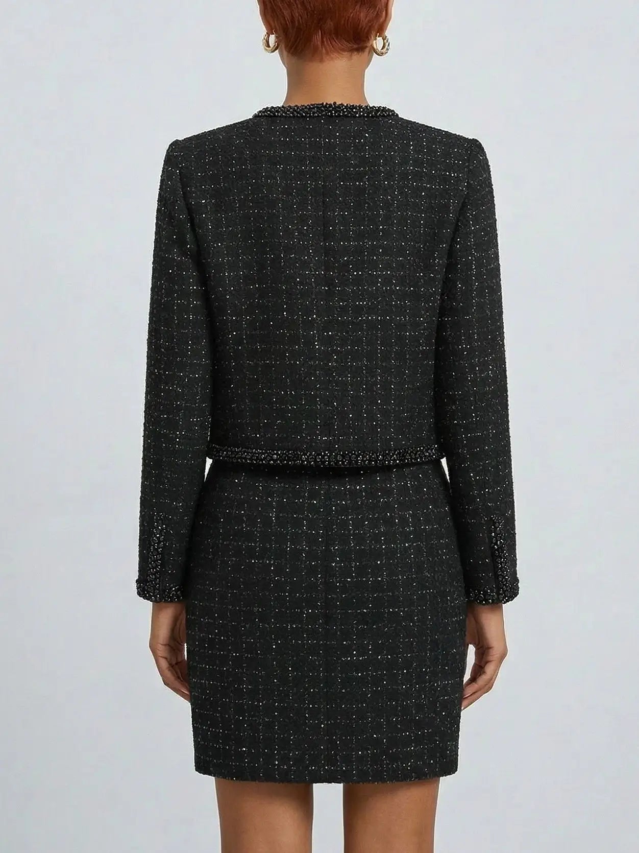 Black Tweed Beaded Jacket and Mini Skirt Set - Suits & Sets