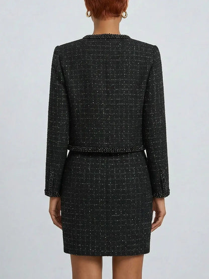 Black Tweed Beaded Jacket and Mini Skirt Set - Suits & Sets