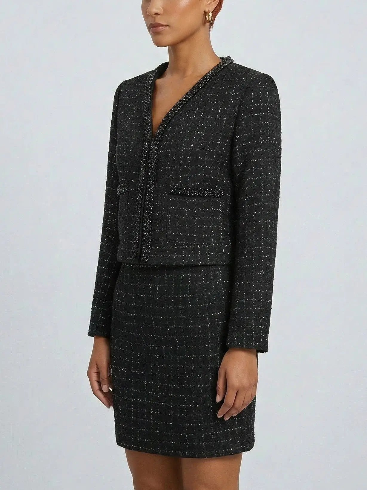 Black Tweed Beaded Jacket and Mini Skirt Set - Suits & Sets