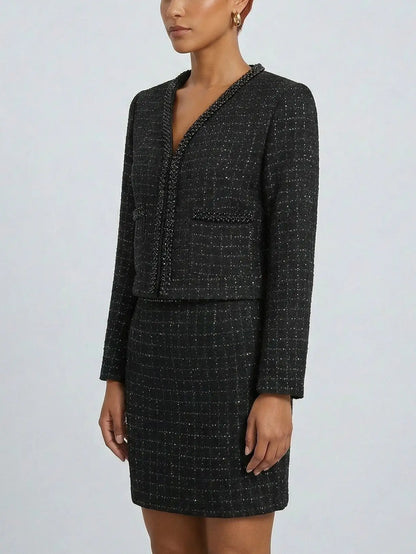 Black Tweed Beaded Jacket and Mini Skirt Set - Suits & Sets