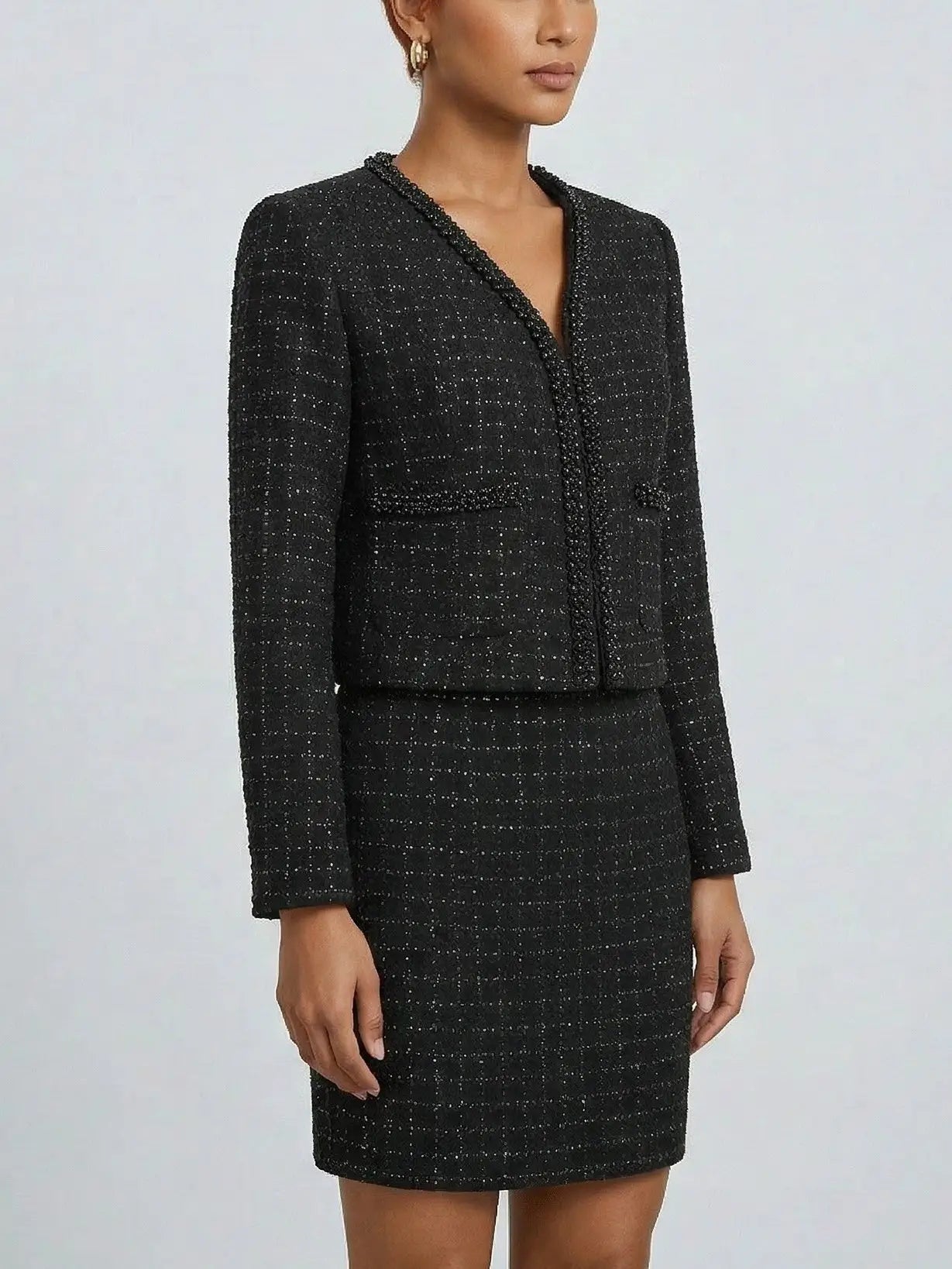 Black Tweed Beaded Jacket and Mini Skirt Set - Suits & Sets