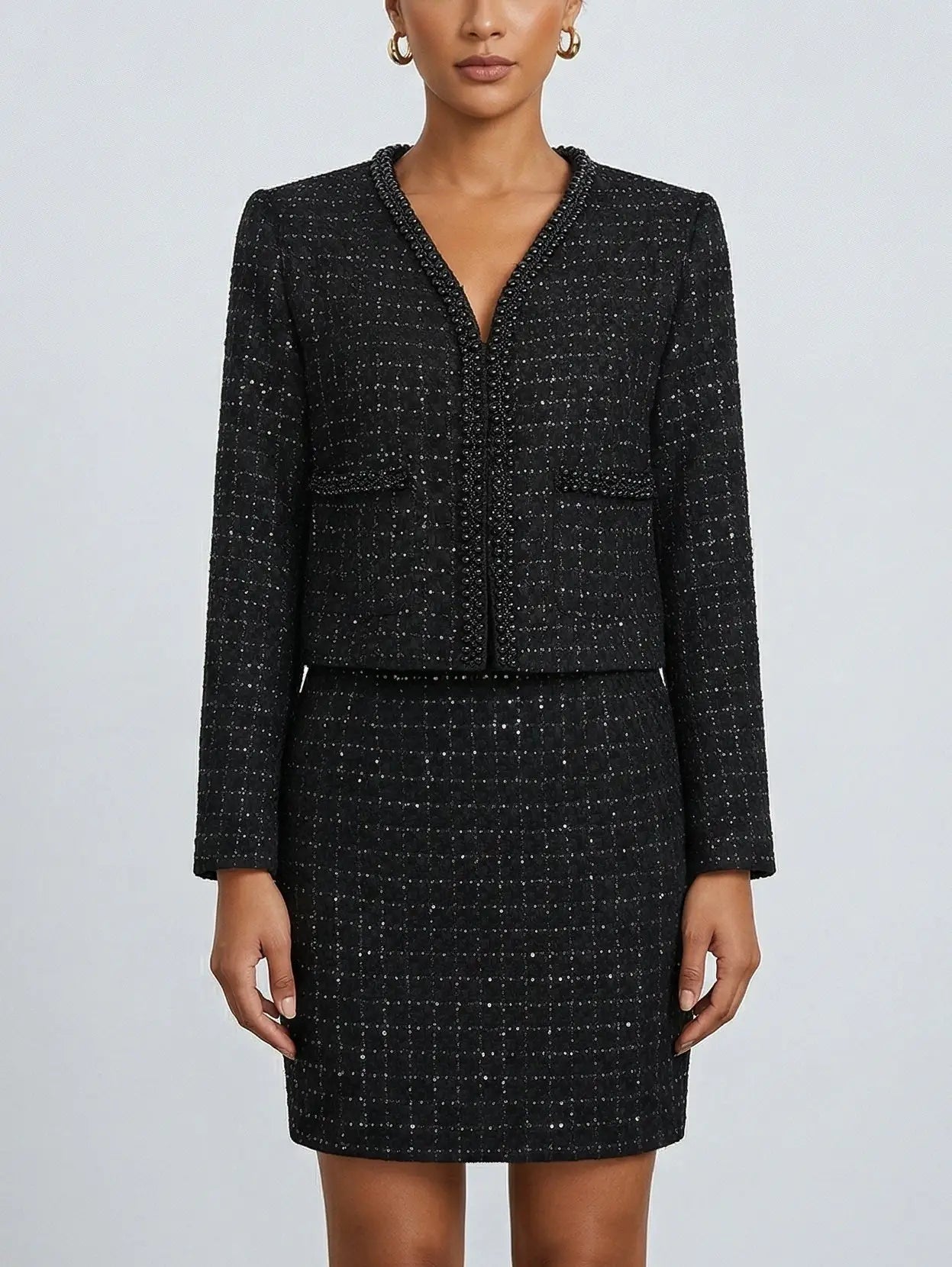 Black Tweed Beaded Jacket and Mini Skirt Set - Suits & Sets