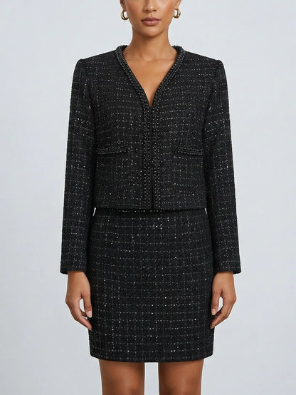 Black Tweed Beaded Jacket and Mini Skirt Set - Suits & Sets