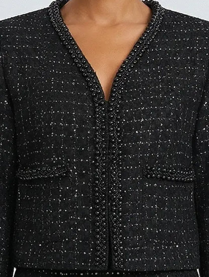 Black Tweed Beaded Jacket and Mini Skirt Set - Suits & Sets