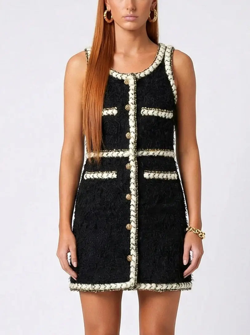 Black Tweed Contrast-Trim Sleeveless Dress - Small - Dresses
