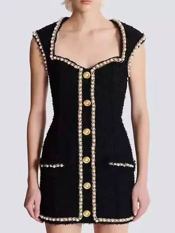 Black Tweed Pearl-Embellished Buttoned Mini Dress - Dresses