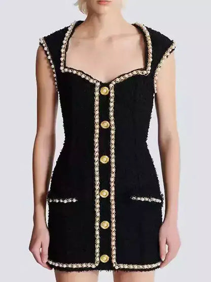 Black Tweed Pearl-Embellished Buttoned Mini Dress - Dresses