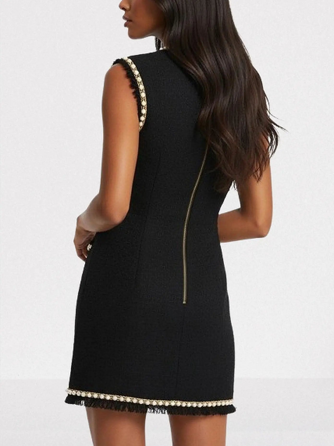 Black Tweed Pearl-Embellished Buttoned Mini Dress - Dresses