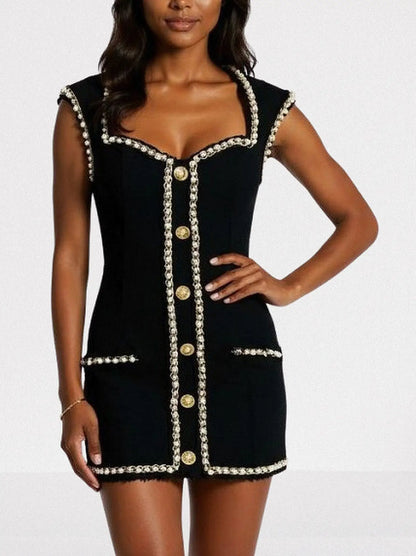 Black Tweed Pearl-Embellished Buttoned Mini Dress - Dresses