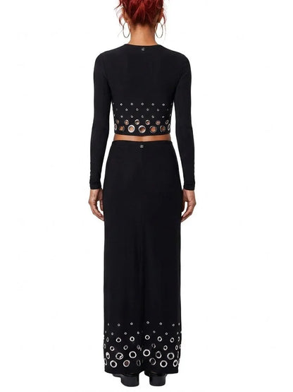 Black Two Piece Set with Metallic Eyelet Detailing - Suits & Sets