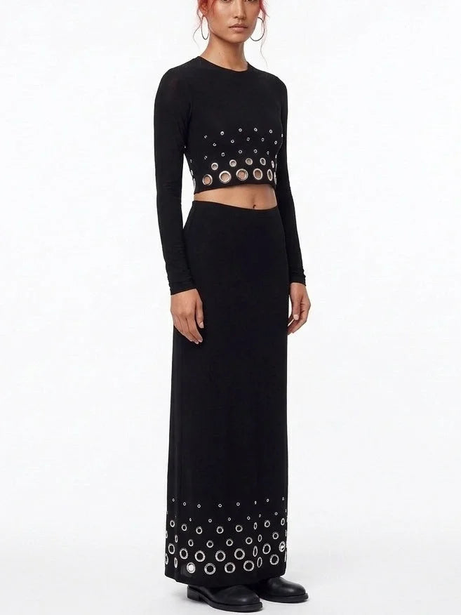 Black Two Piece Set with Metallic Eyelet Detailing - Suits & Sets