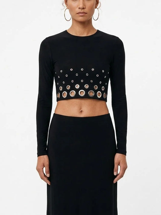 Black Two Piece Set with Metallic Eyelet Detailing - Suits & Sets