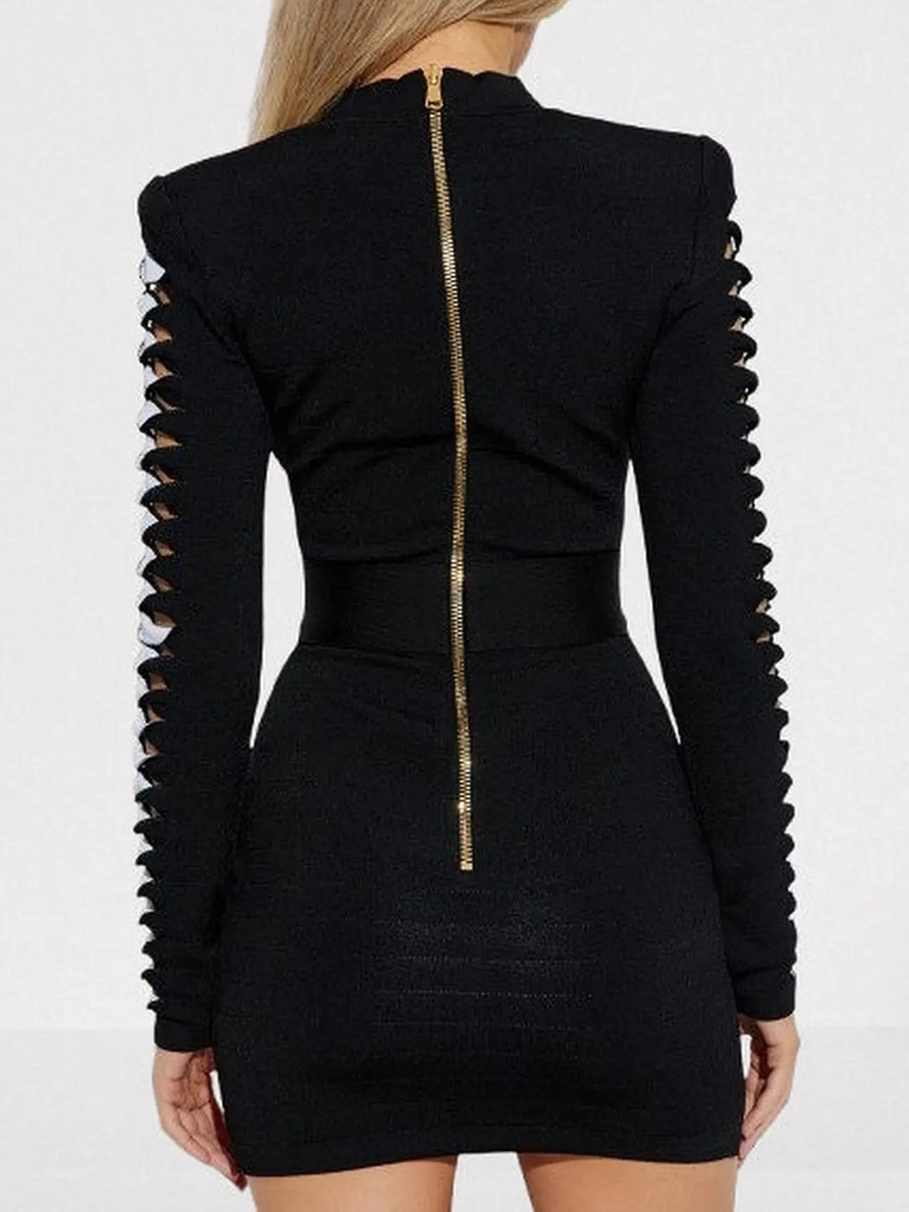 Black V-Neck Mini Dress with Cut-Out Sleeve Detail - Dresses