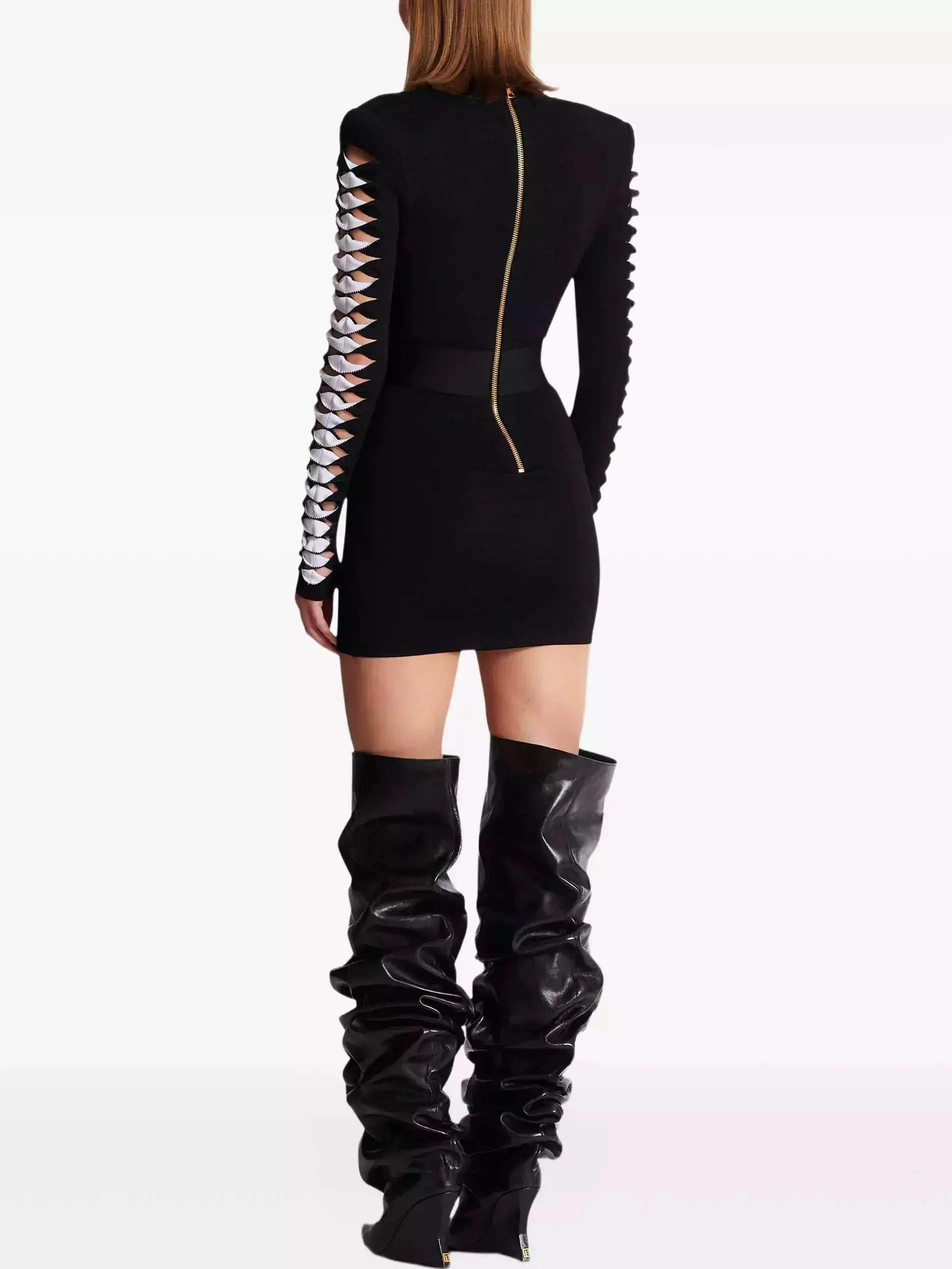 Black V-Neck Mini Dress with Cut-Out Sleeve Detail - Dresses