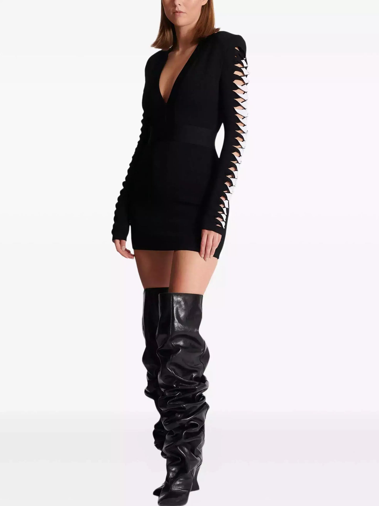 Black V-Neck Mini Dress with Cut-Out Sleeve Detail - Dresses