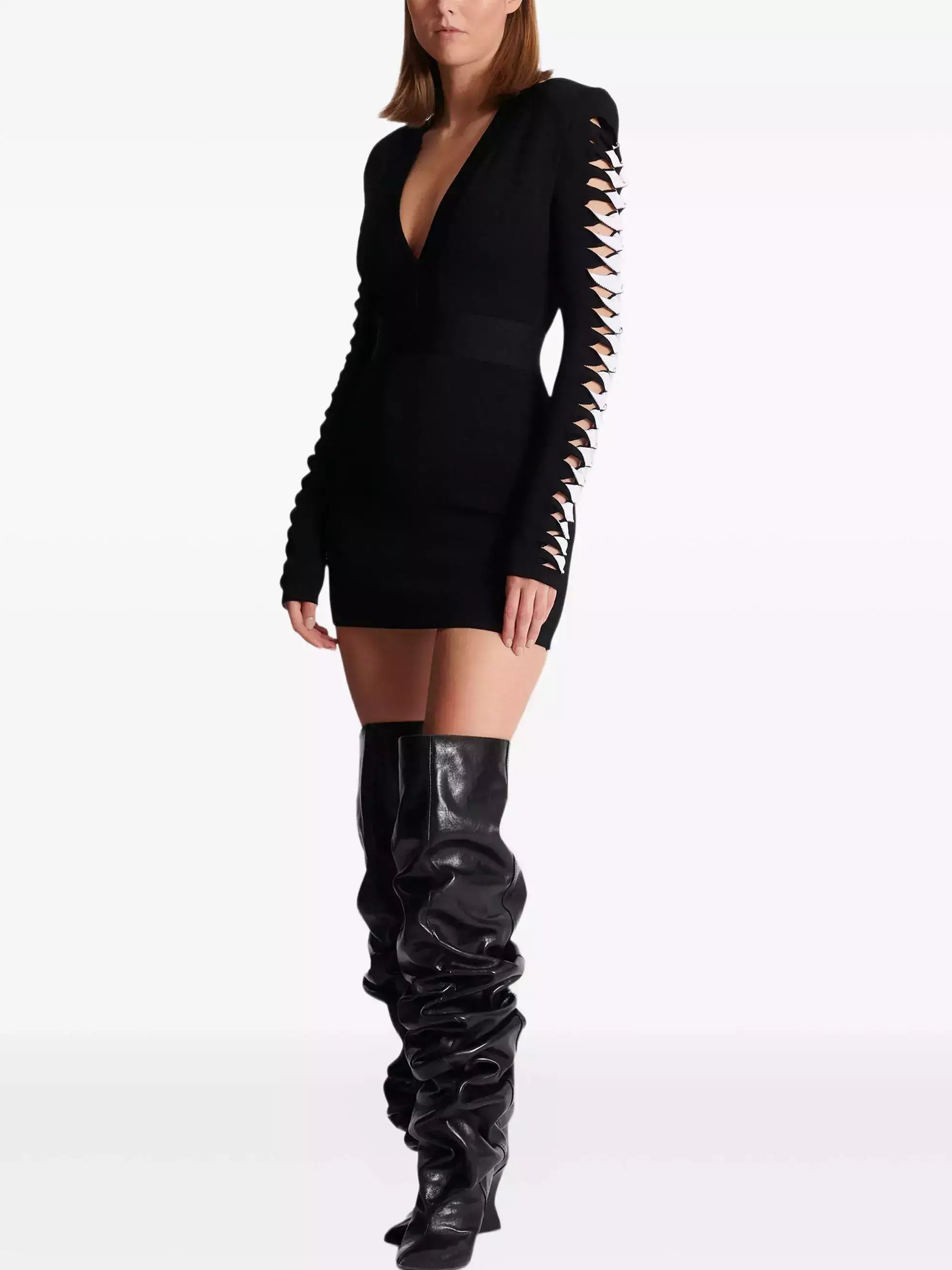 Black V-Neck Mini Dress with Cut-Out Sleeve Detail - Dresses