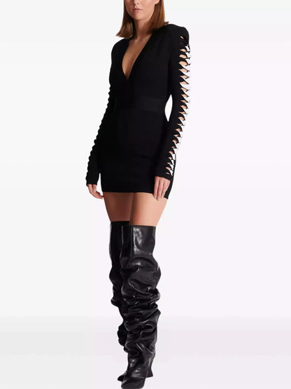 Black V-Neck Mini Dress with Cut-Out Sleeve Detail - Dresses