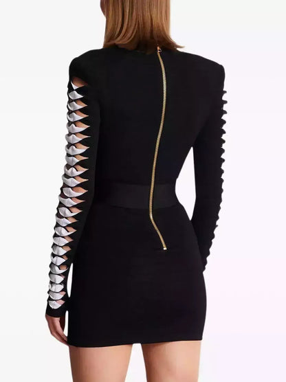 Black V-Neck Mini Dress with Cut-Out Sleeve Detail - Dresses