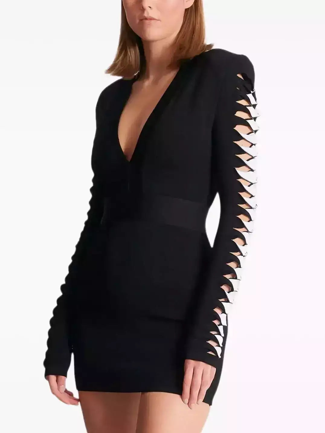 Black V-Neck Mini Dress with Cut-Out Sleeve Detail - Dresses