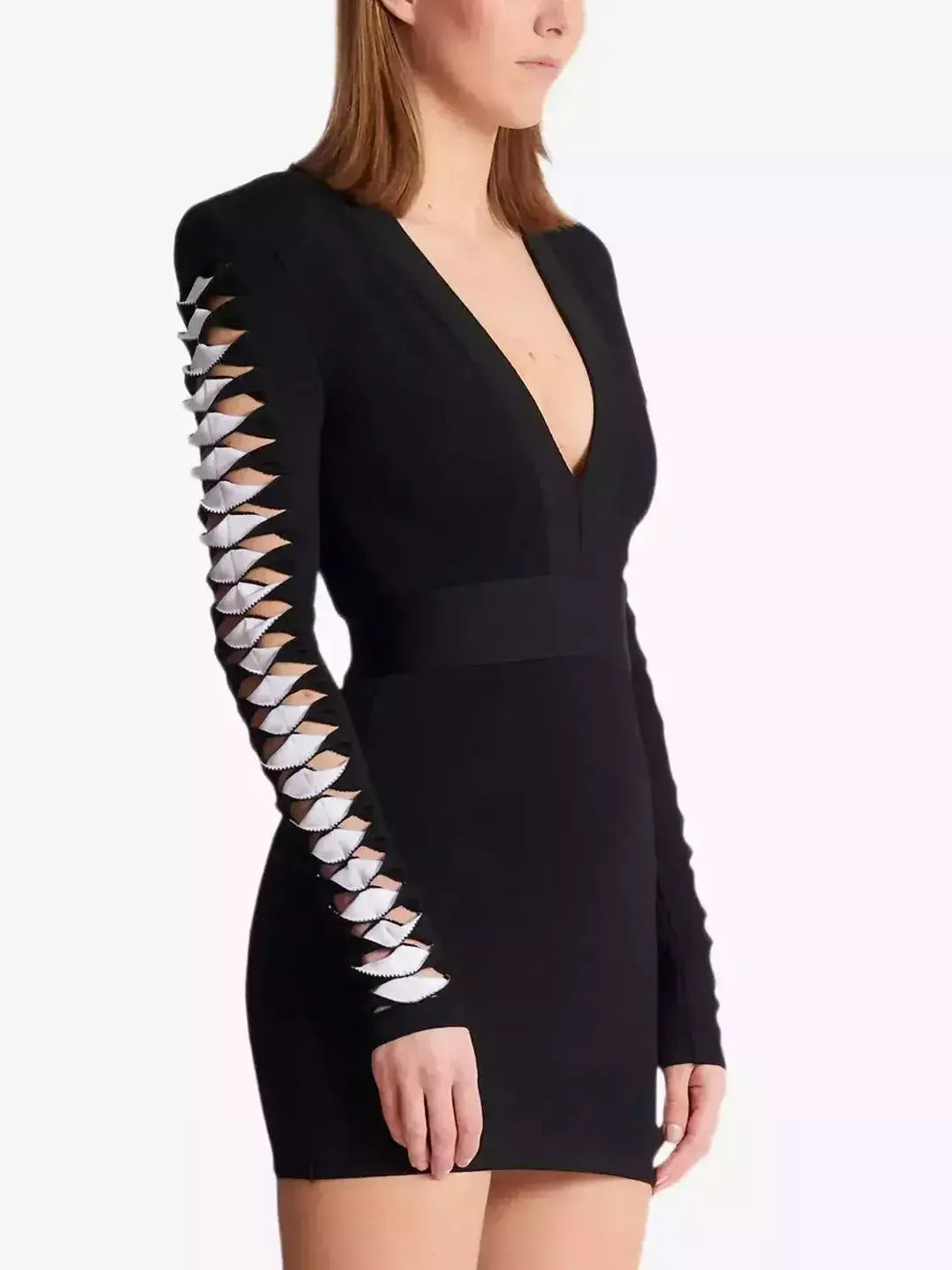 Black V-Neck Mini Dress with Cut-Out Sleeve Detail - Dresses