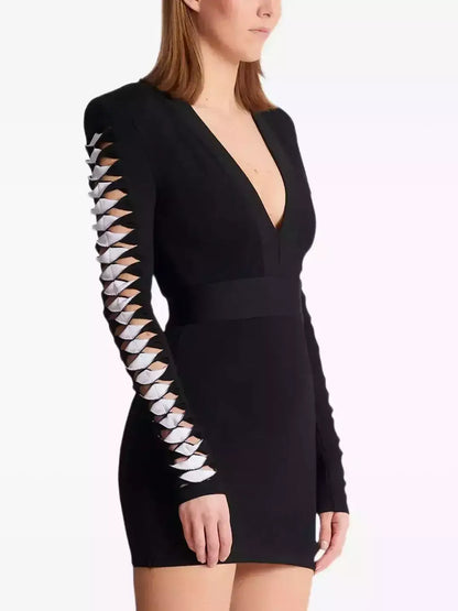 Black V-Neck Mini Dress with Cut-Out Sleeve Detail - Dresses