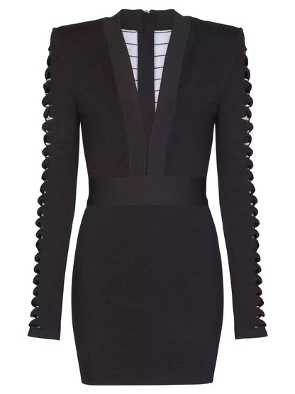 Black V-Neck Mini Dress with Cut-Out Sleeve Detail - Dresses