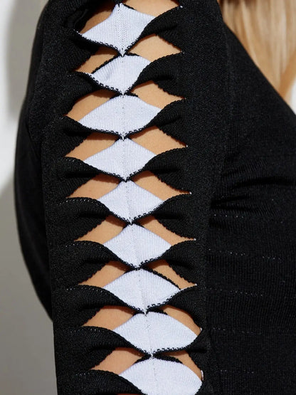 Black V-Neck Mini Dress with Cut-Out Sleeve Detail - Dresses