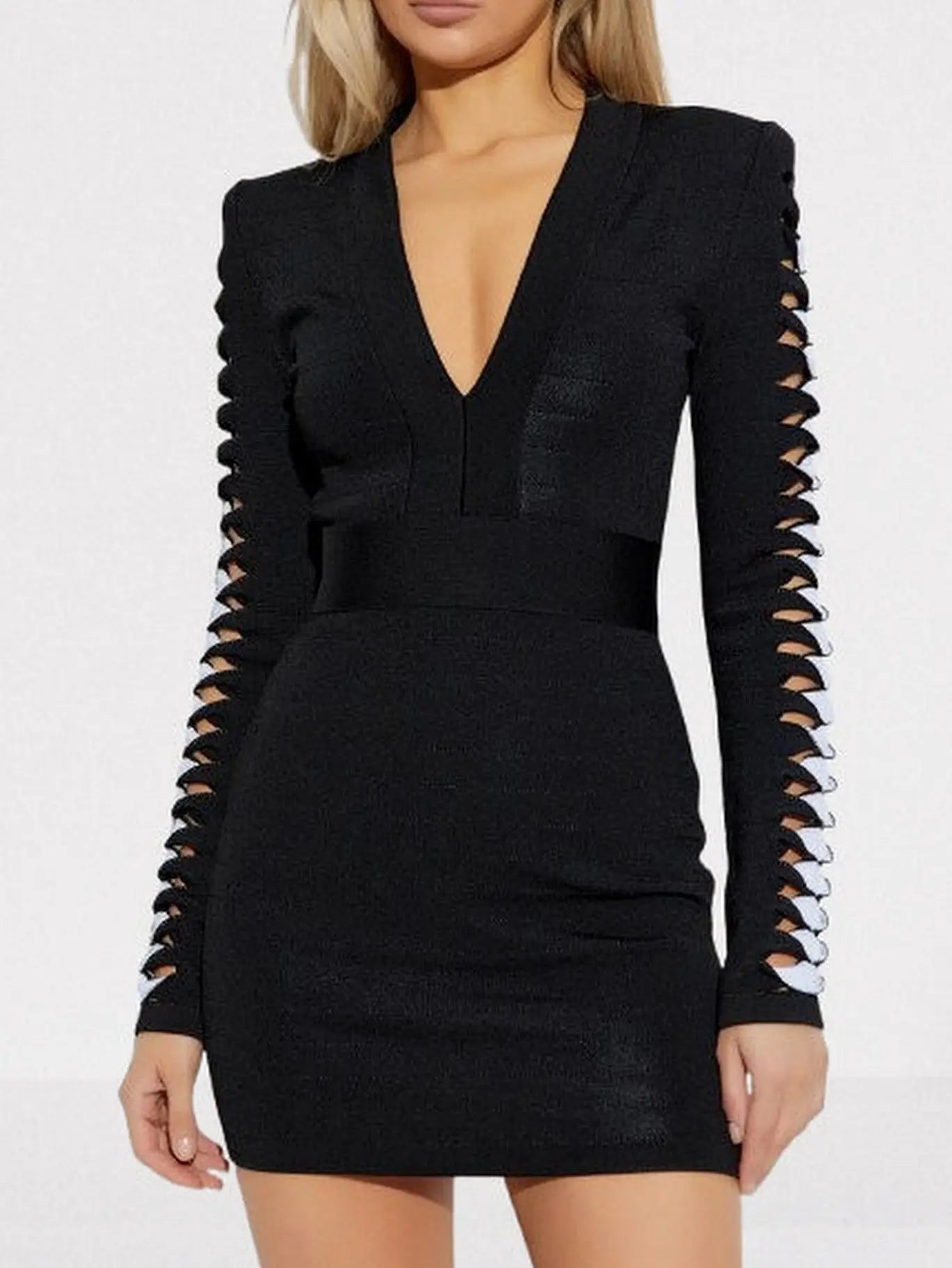 Black V-Neck Mini Dress with Cut-Out Sleeve Detail - Dresses