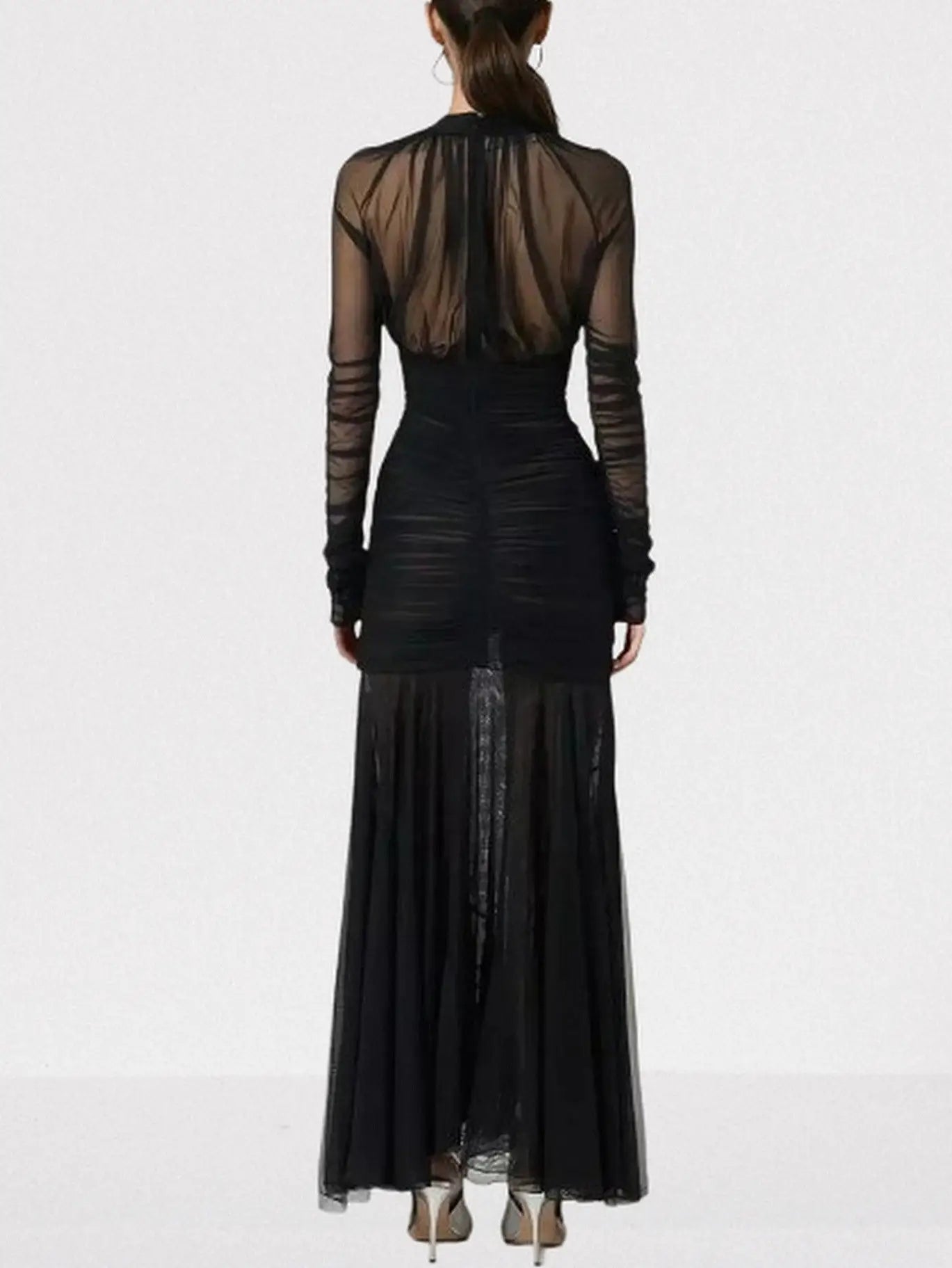 Black V-Neck Ruched Long-Sleeve Maxi Dress - Dresses
