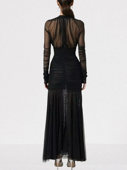 Black V-Neck Ruched Long-Sleeve Maxi Dress - Dresses