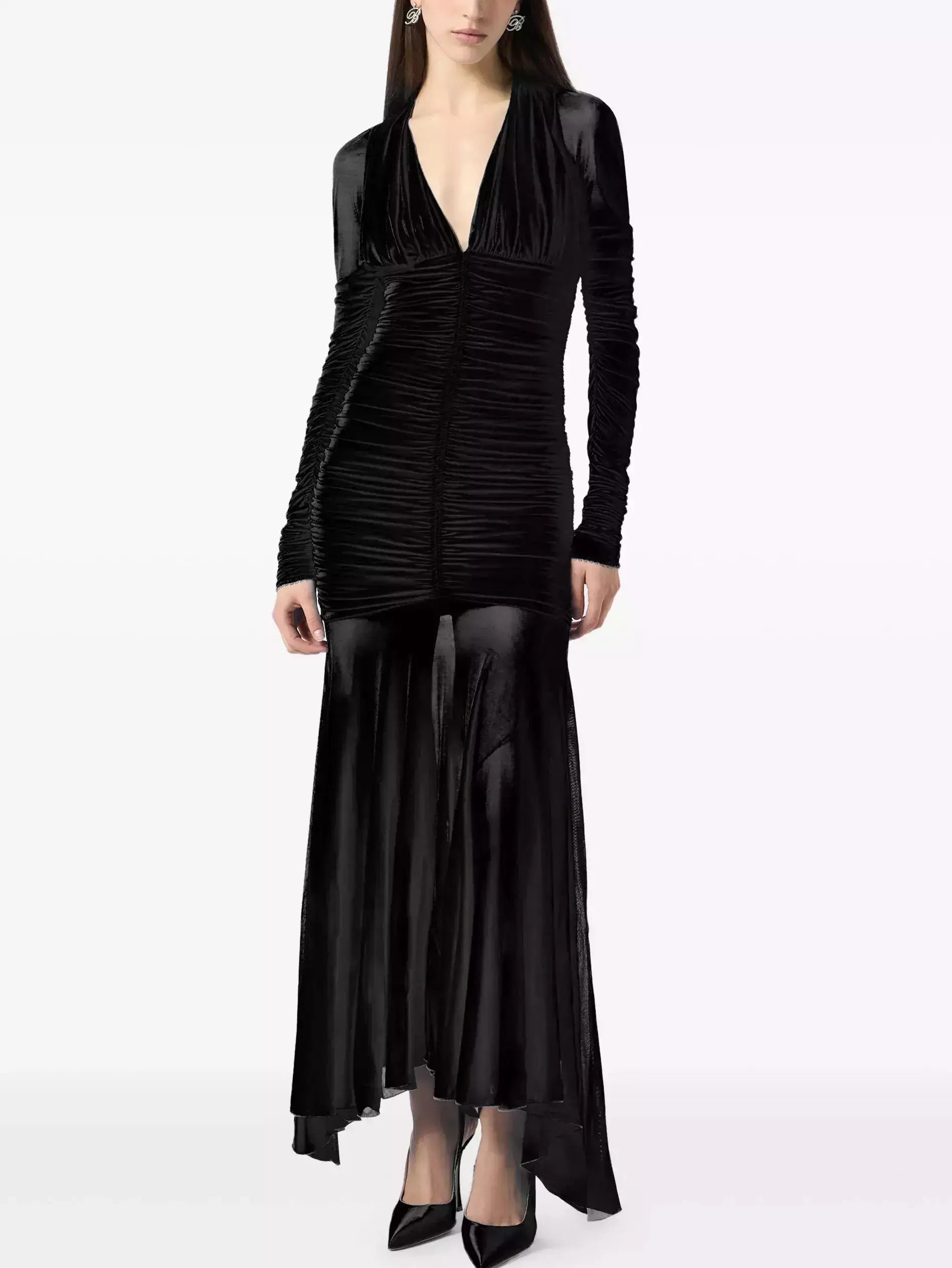 Black V-Neck Ruched Long-Sleeve Maxi Dress - Dresses