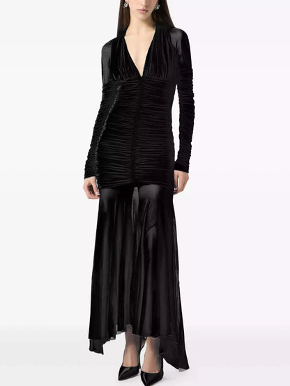 Black V-Neck Ruched Long-Sleeve Maxi Dress - Dresses