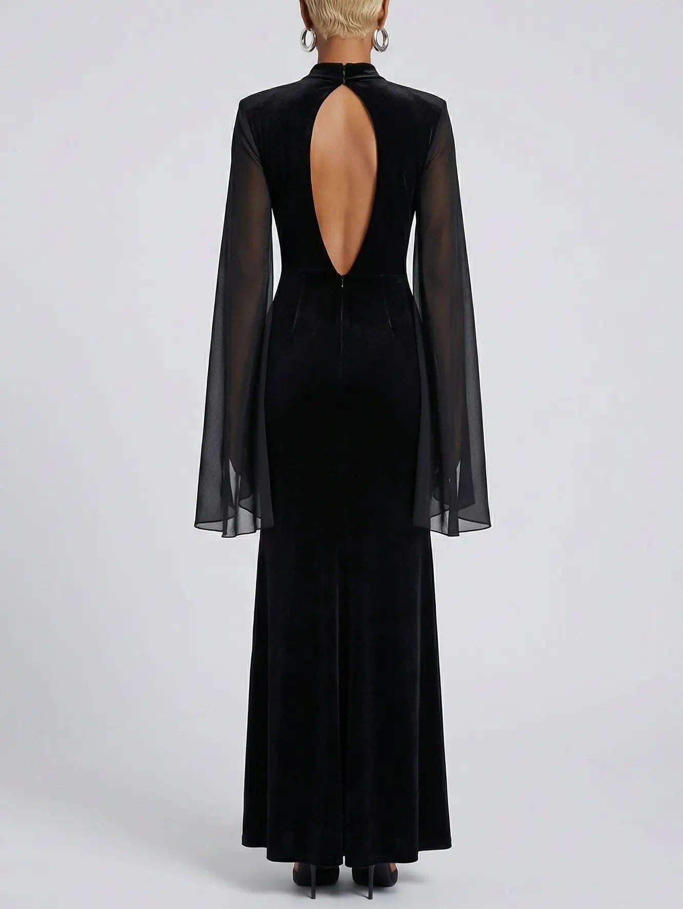Black Velvet-Panel Gown with Sheer Cape Sleeves - Dresses