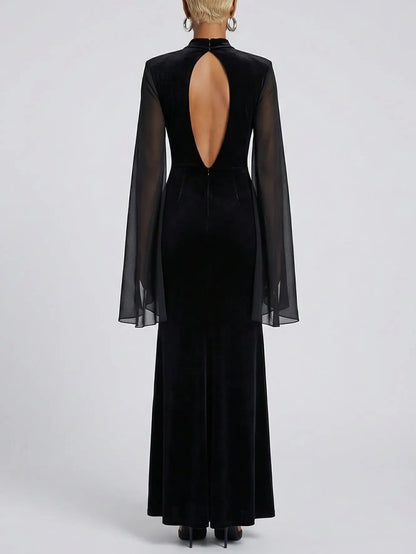 Black Velvet-Panel Gown with Sheer Cape Sleeves - Dresses
