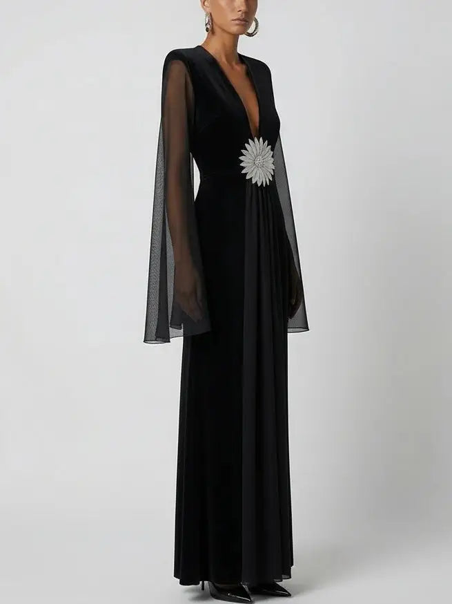 Black Velvet-Panel Gown with Sheer Cape Sleeves - Dresses