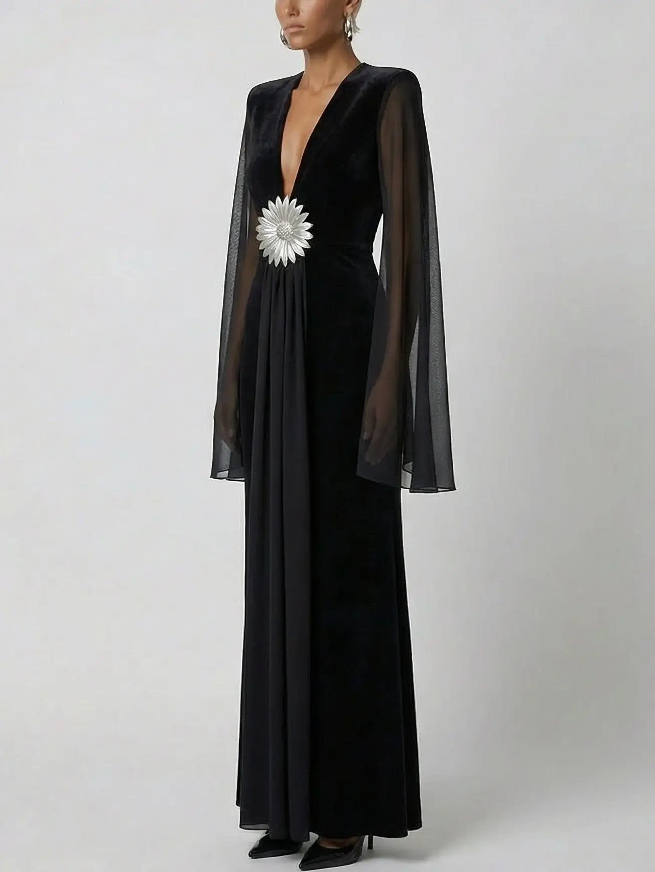 Black Velvet-Panel Gown with Sheer Cape Sleeves - Dresses