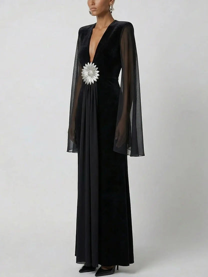 Black Velvet-Panel Gown with Sheer Cape Sleeves - Dresses