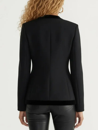 Black Velvet-Trim Fitted Tailored Jacket - Jackets