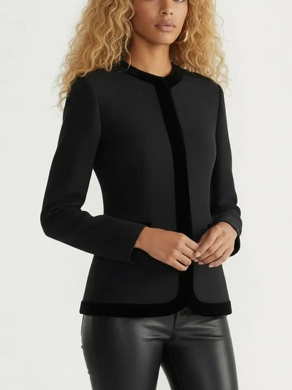 Black Velvet-Trim Fitted Tailored Jacket - Jackets