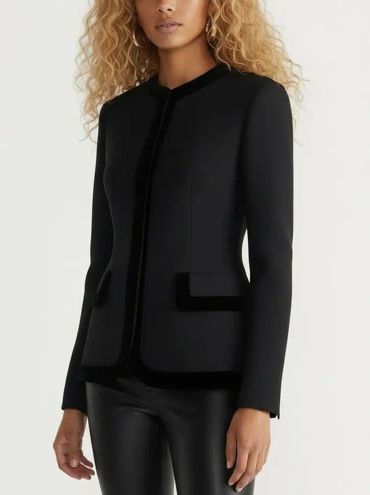 Black Velvet-Trim Fitted Tailored Jacket - Jackets