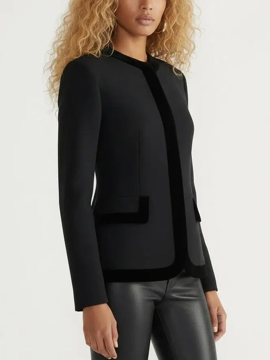 Black Velvet-Trim Fitted Tailored Jacket - Jackets