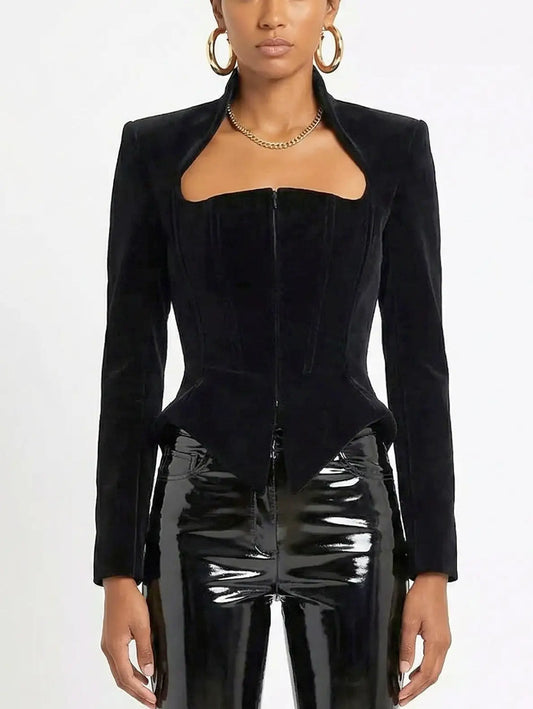 Black Velvet Boned Corset Sculptured Jacket - Small - Jackets
