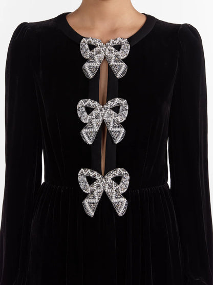 Black Velvet Bow-Embellished Midi Dress