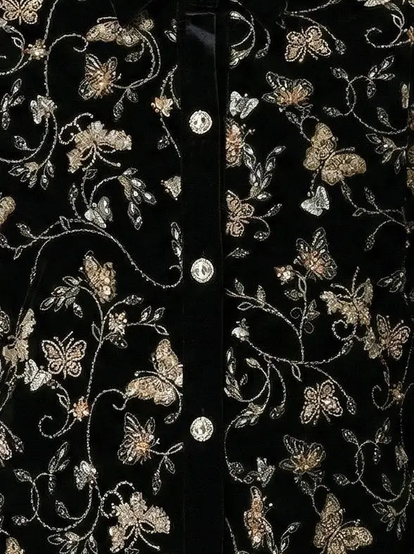 Black Velvet Butterfly Embroidered Jacket - Jackets