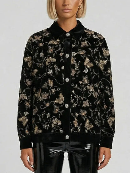 Black Velvet Butterfly Embroidered Jacket - Jackets