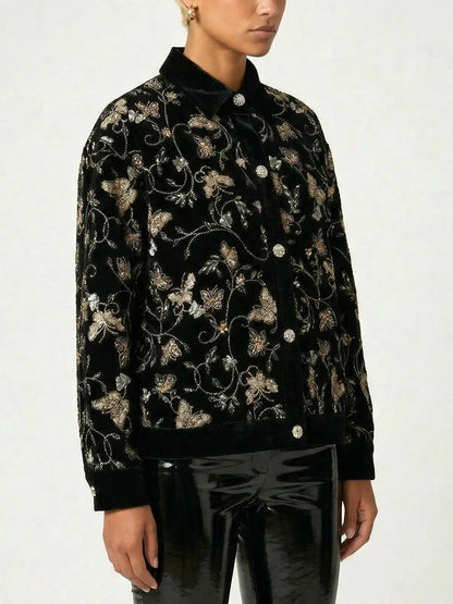 Black Velvet Butterfly Embroidered Jacket - Jackets