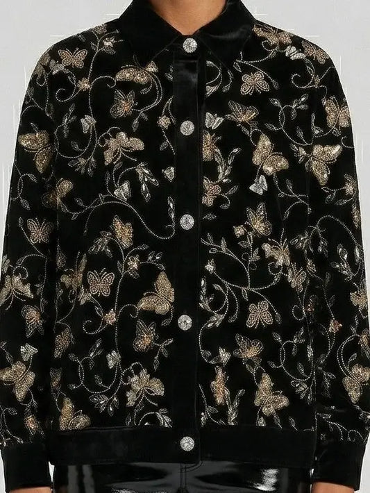 Black Velvet Butterfly Embroidered Jacket - Jackets