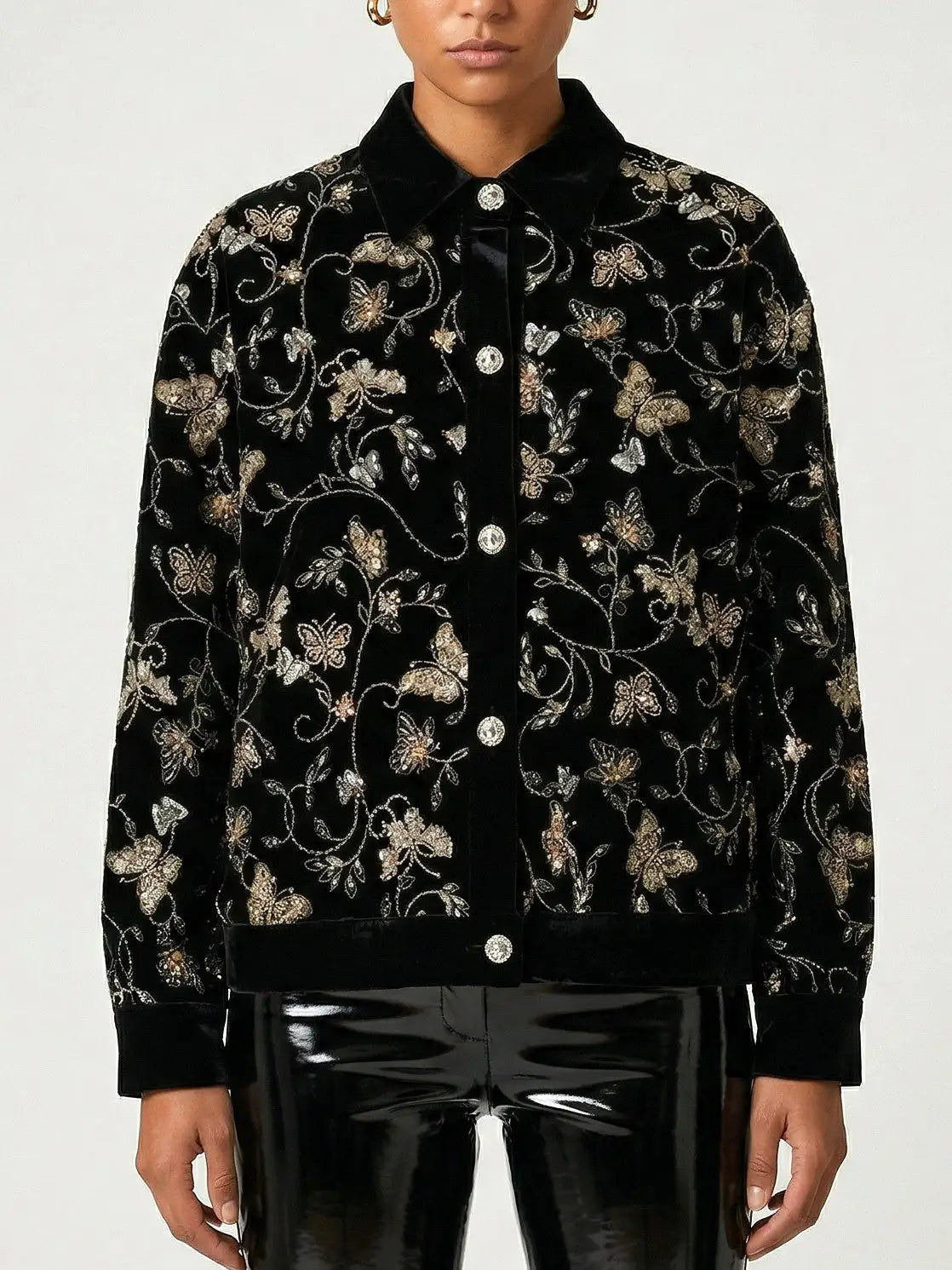 Black Velvet Butterfly Embroidered Jacket - Jackets