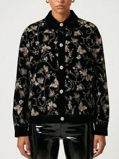Black Velvet Butterfly Embroidered Jacket - Jackets