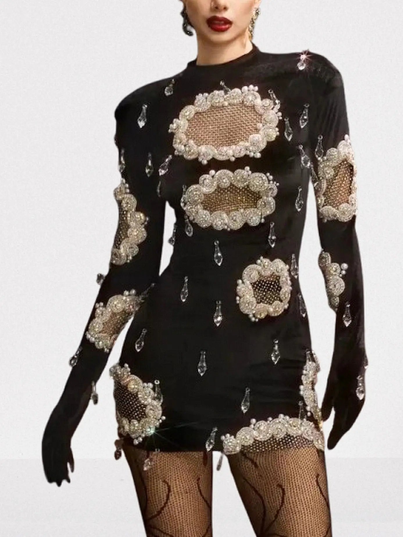 Black Velvet Crystal Mesh Cutout Mini Dress - Dresses